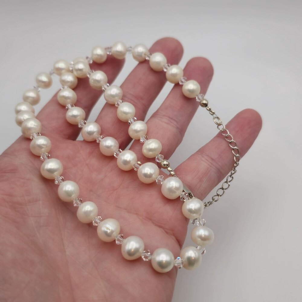 20 Inch Sterling Silver Genuine Pearls And Crystals Necklace B148 - Picture 3 of 7